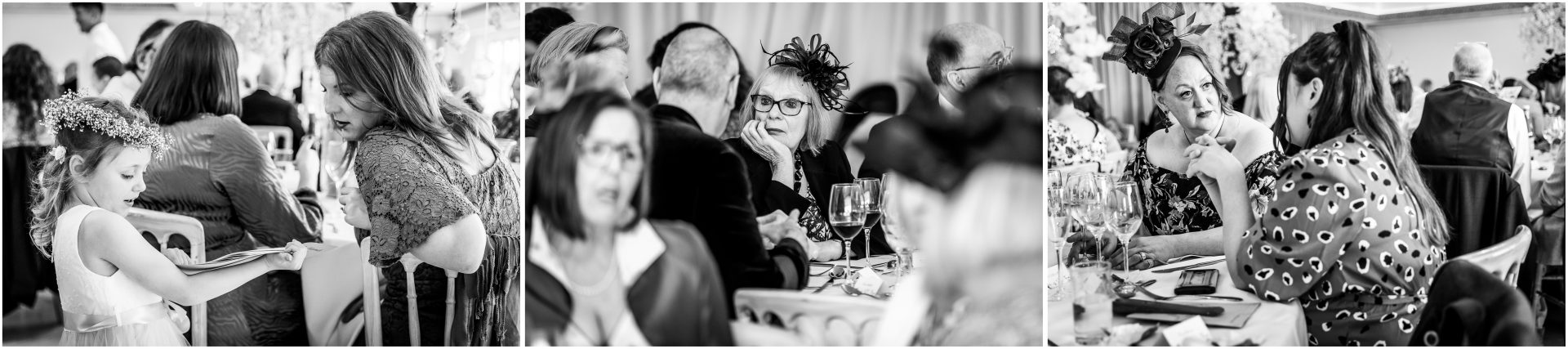 Black and white documentary photos of wedding guests during the meal