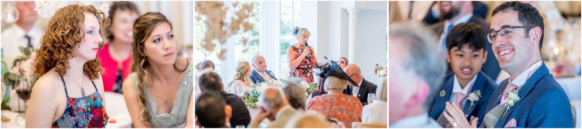 Colour photographs of wedding guests listening to the speeches