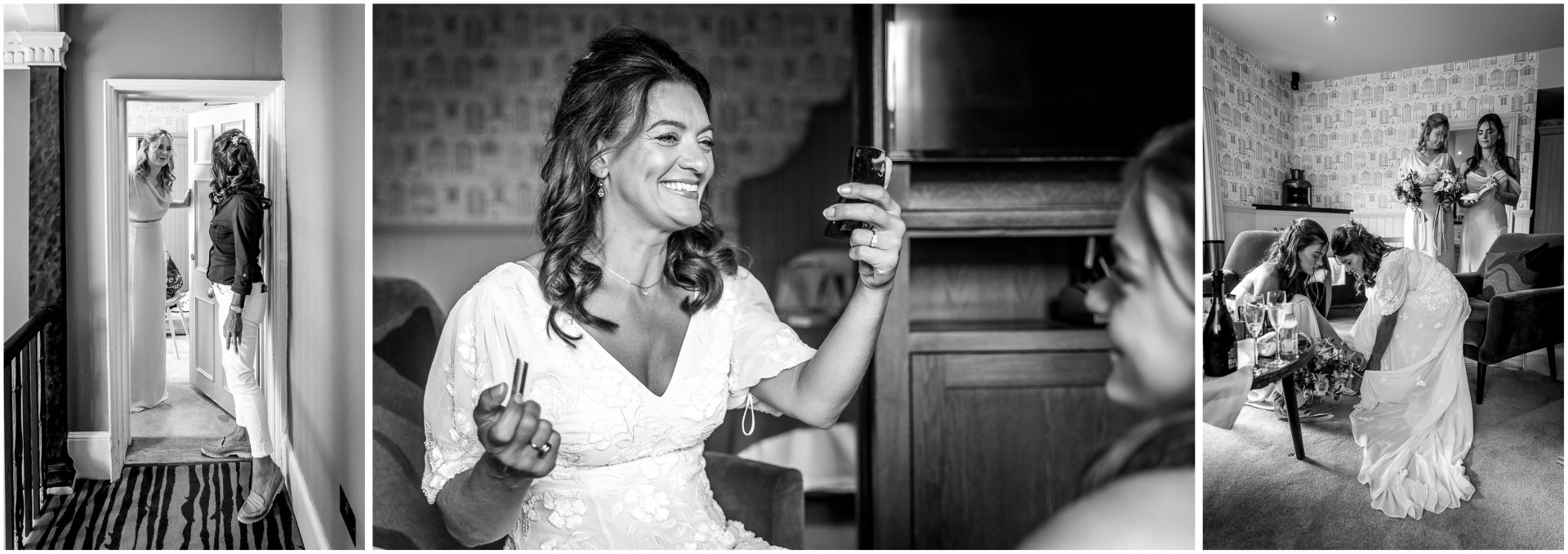 Black and white photos of he bride getting ready on her wedding day