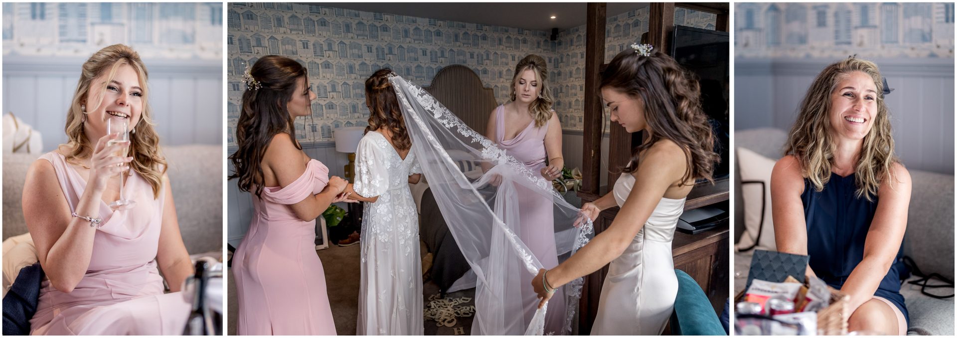 Bridesmaids help the bride to get ready