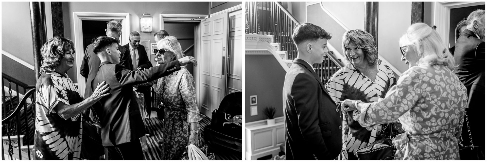 Black and white photographs of guests arriving for the marriage ceremony